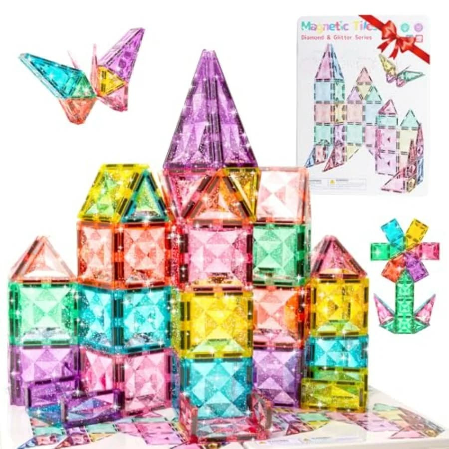 Grandi Piastrelle Magnetiche Pastello 48 Pezzi, Blocchi Magnetici Glitterati Color Macaron con Scatola di Stoccaggio in Metallo da Viaggio, Giocattoli STEM a Forma di Diamante