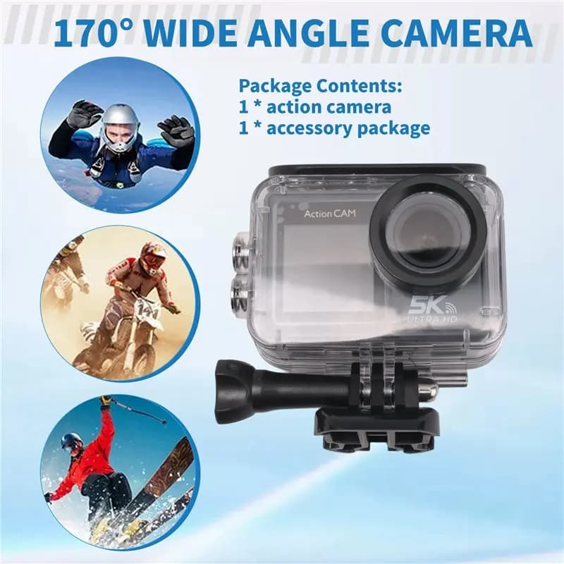 B44C Videocamera Sportiva WiFi Anti-Shake Impermeabile 30M con Telecomando 5K 30FPS Doppio Schermo ABS