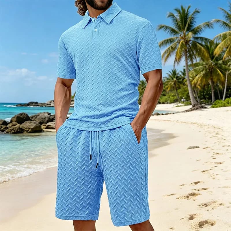 Completo estivo da uomo in jacquard sottile a maniche corte, polo sportiva casual da uomo, set due pezzi alla moda per la spiaggia e l'uso quotidiano.