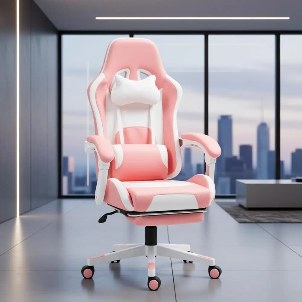 Sedia da gioco da corsa in ecopelle rosa con supporto girevole, reclinabile, lombare e per la testa, altezza regolabile e poggiapiedi