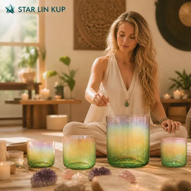 STAR LIN KUP 7 Chakra Crystal Singing Bowl Set Green Quartz Meditation Alchemy Bowls for Yoga Healing Sound Therapy