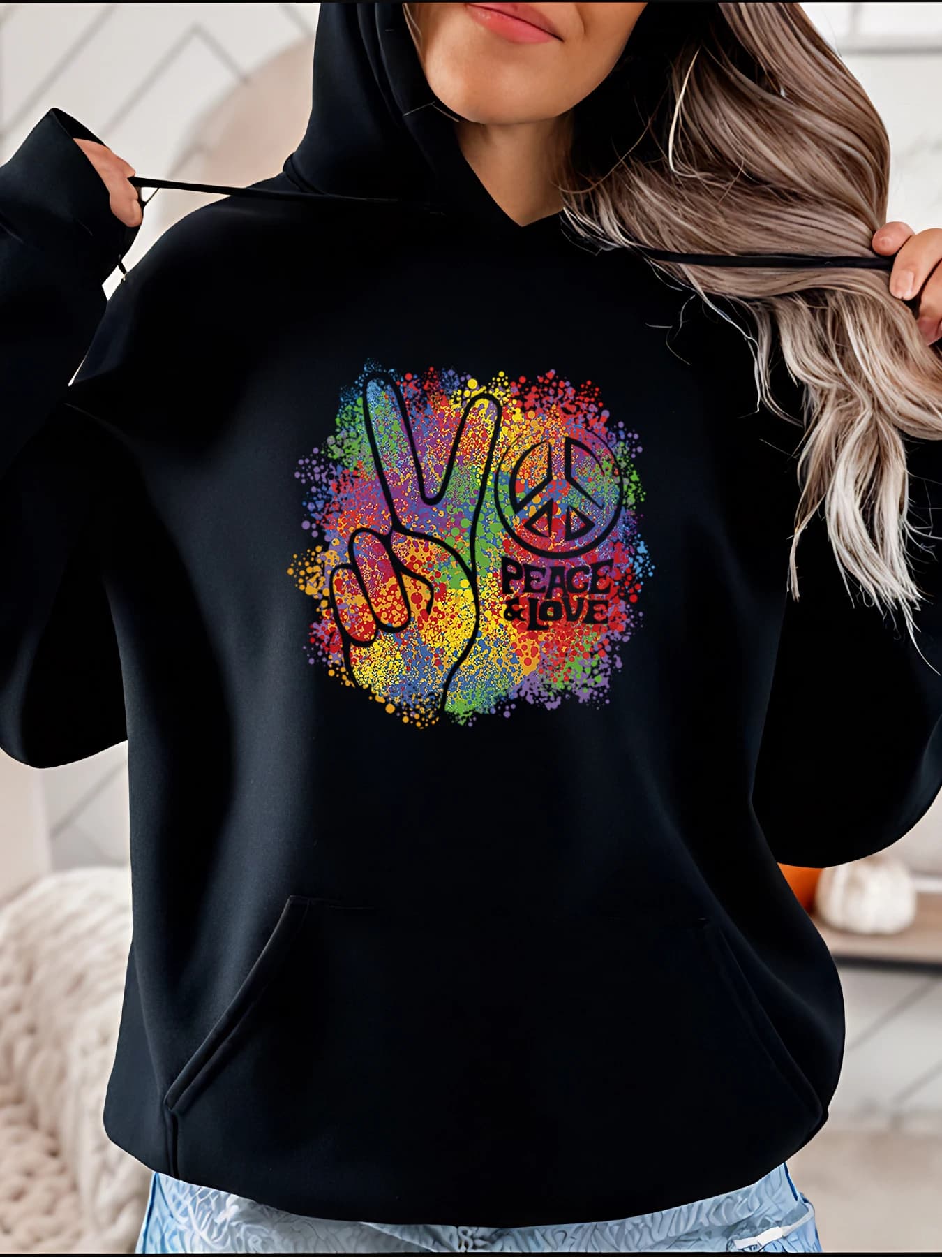 Hoodie Peace & Love Rainbow Peace Sign Print Casual Women's Fashion Streetwear Pullover unisex Top