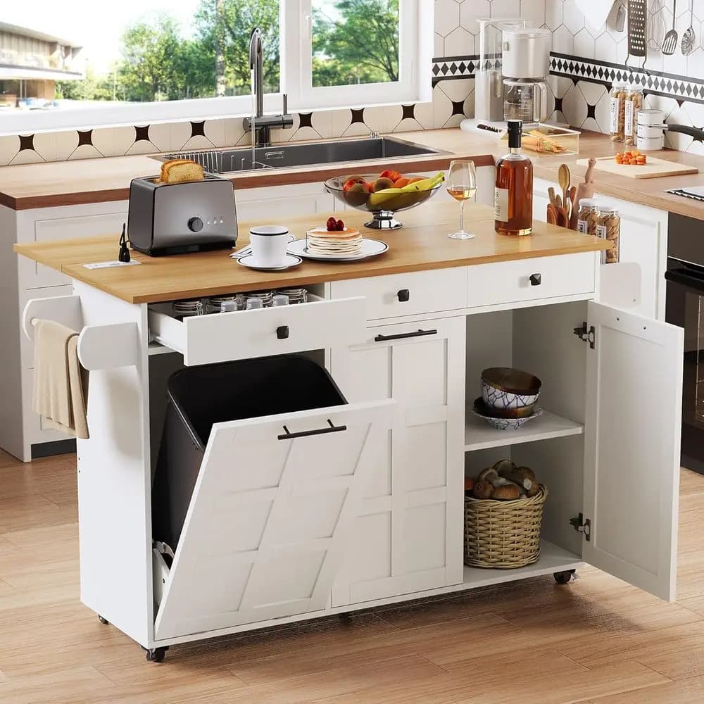 Isola da Cucina Bianca 60 Pollici con Piano Ribaltabile, Presa di Corrente, Porta Spezie e Portasciugamani