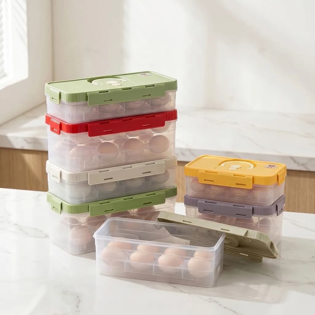 Contenitore Impilabile per Uova, Organizzatore per Frigorifero, Contenitori in Plastica Trasparente con Coperchi, Accessori Portatili per Cucina e Frigo