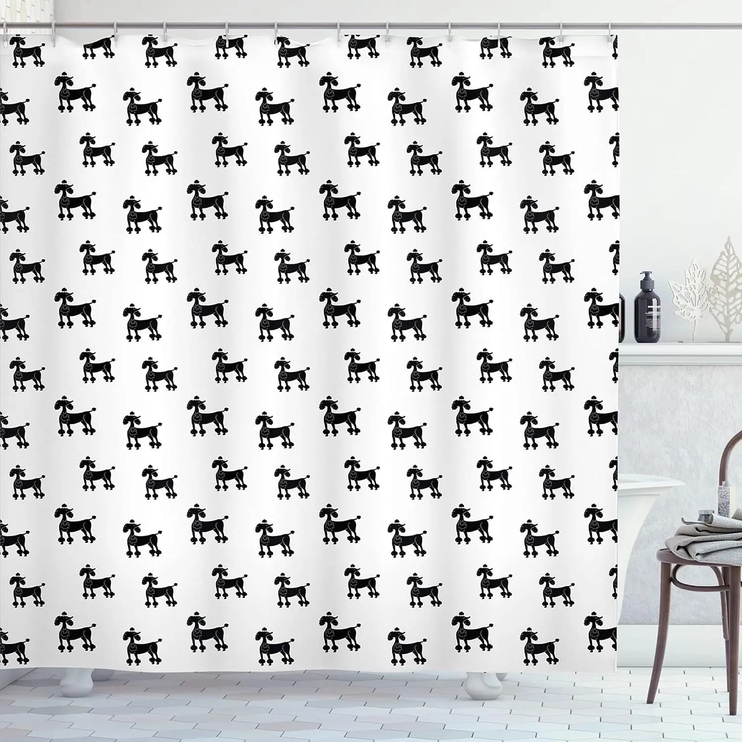 Tenda da doccia con motivo barboncino nero, stampa cane, decorazione per animali domestici, in lino 180x210