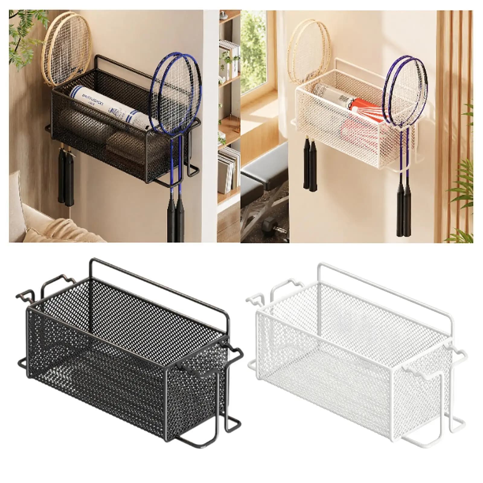 Badminton Racket Rack Iron Storage Basket Wall Mounted Shelf Organizer for Gym Office Sports