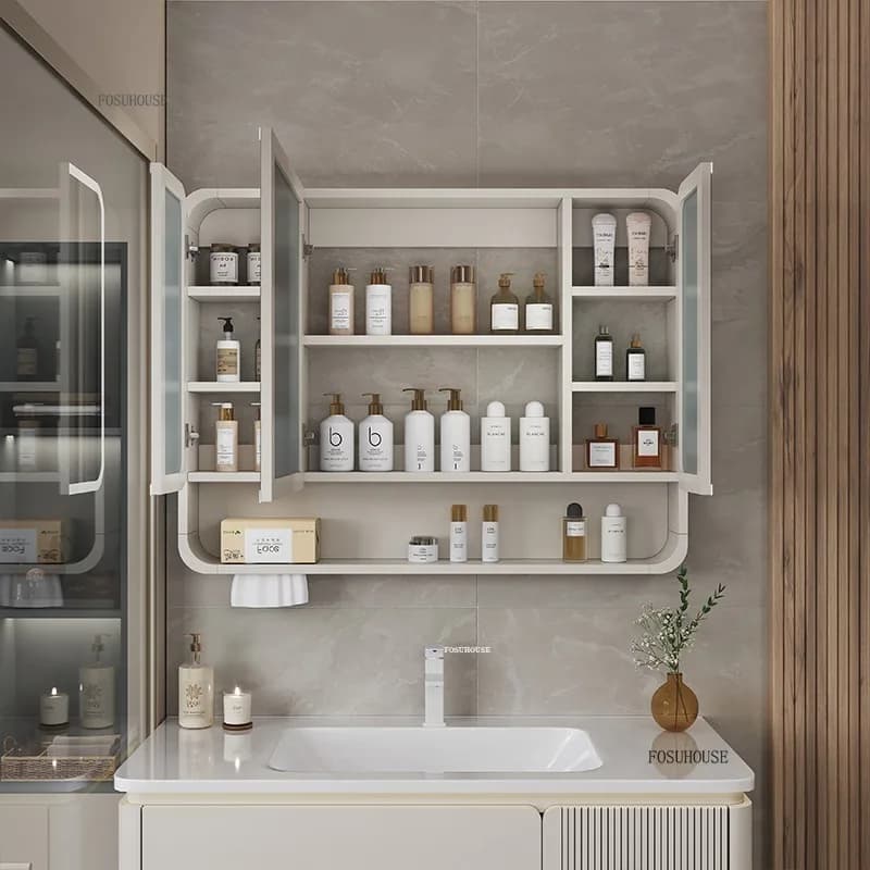 Specchio da Bagno Moderno Minimalista ad Arco con Luce LED e Armadietto, Specchio Intelligente con Vano Portaoggetti
