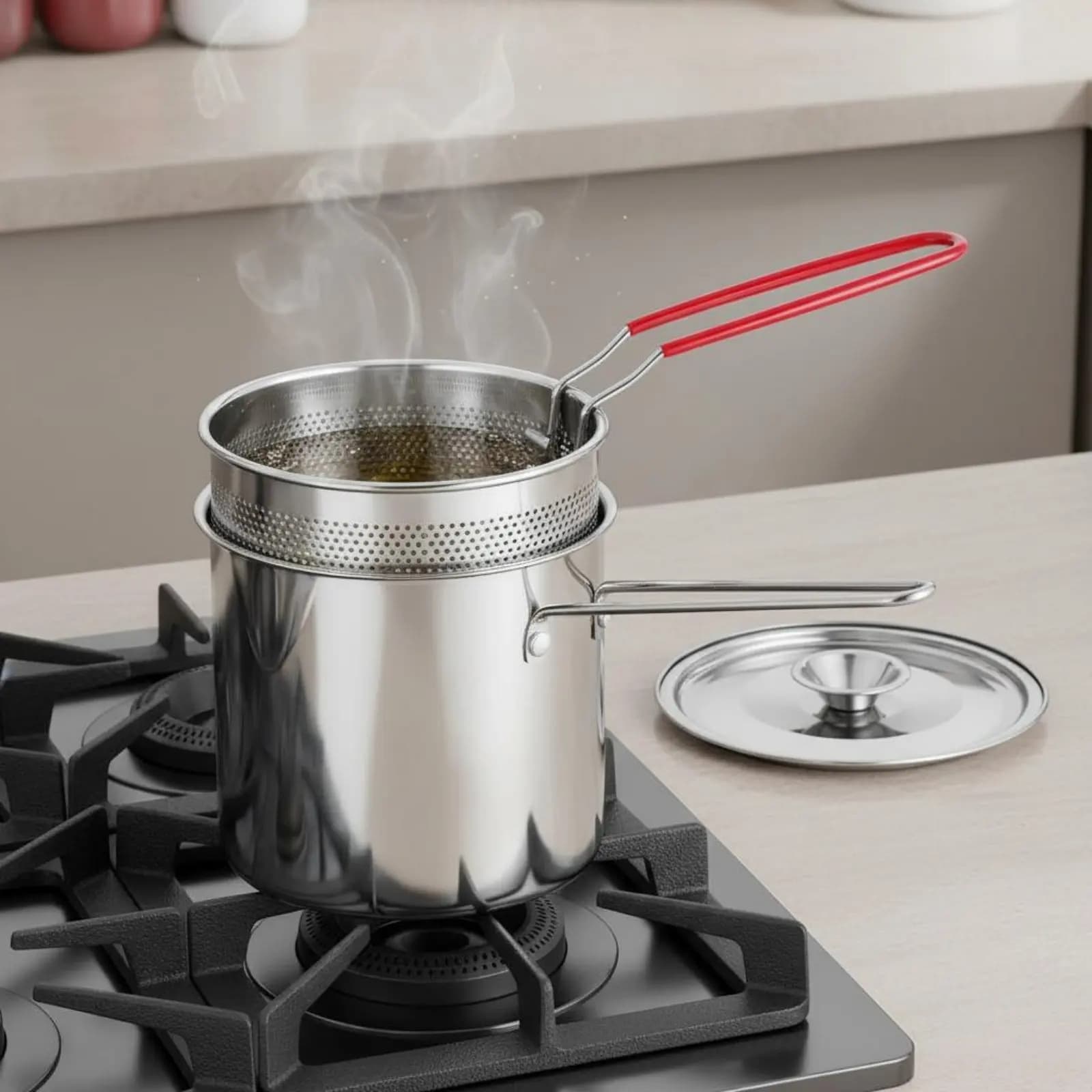 Pentola per Friggitrice con Cestello Facile da Pulire, in Acciaio Inossidabile, con Coperchio Anti-Schizzi, per Cucina Domestica
