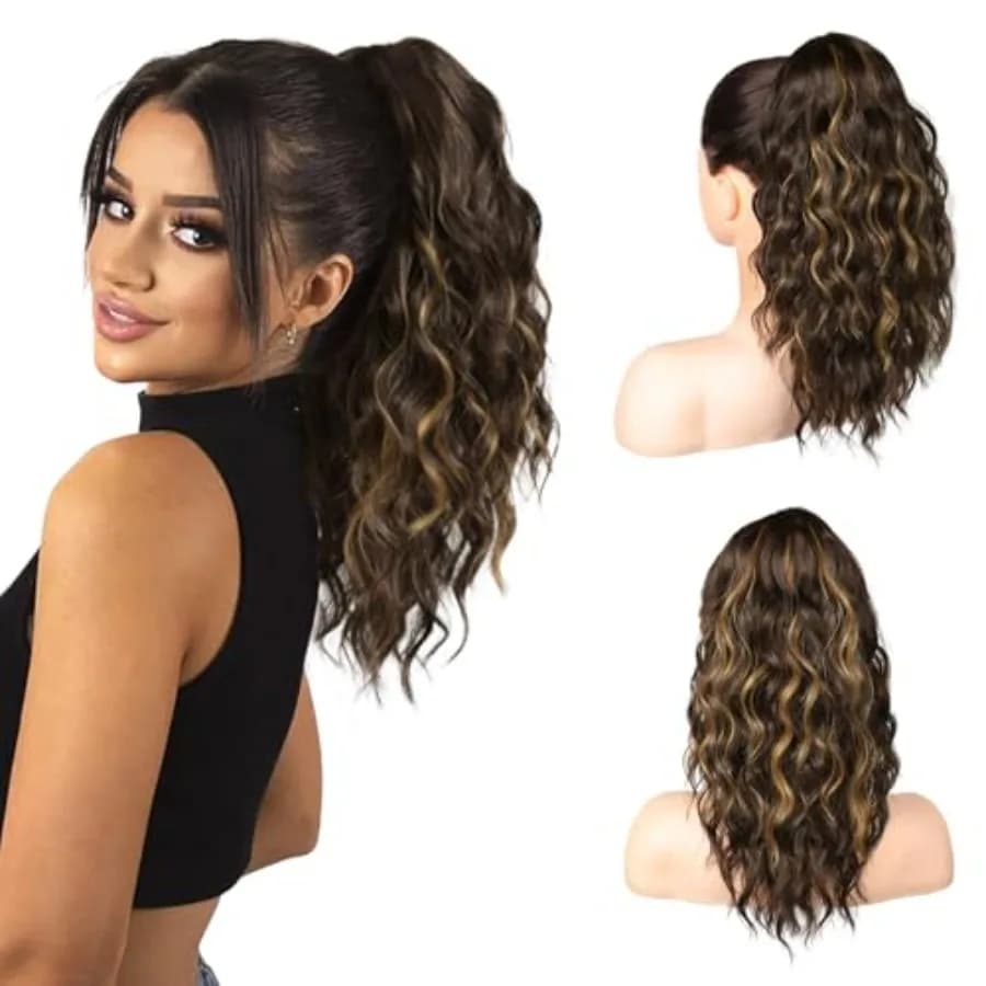 14" Highlight Ponytail Extension Claw, PT002 Tia Long Multi Layered Fluffy Thick Wavy Jaw Clip in Fake Pony Tails Fake Hair Syn
