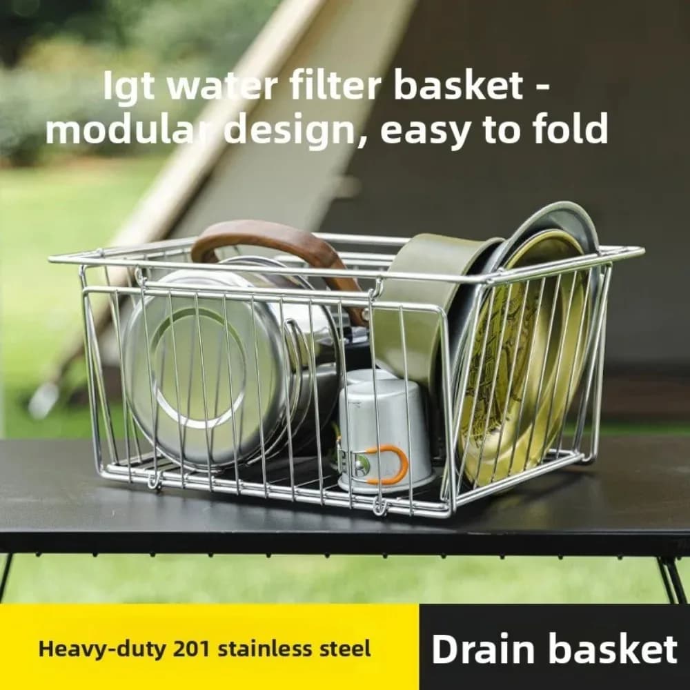 Outdoor Stainless Steel Folding Drain Basket with Igt Table Vegetable Basket Rack Multifunctional Dinner Plate Water Control