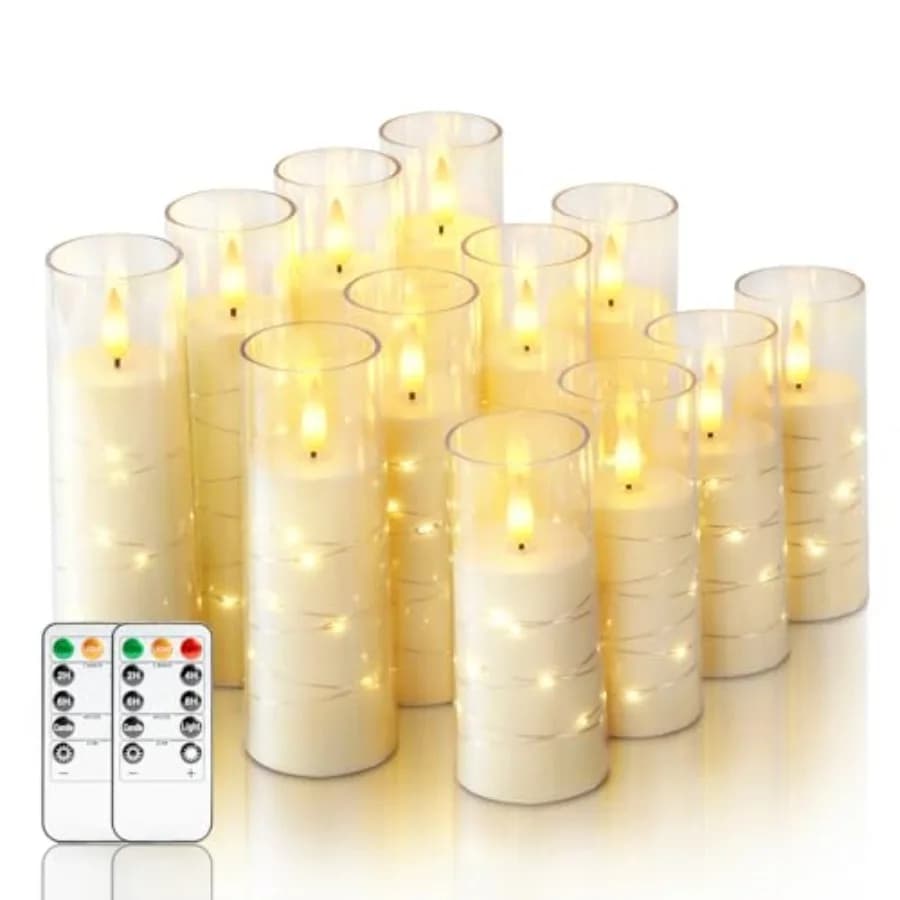Set di 12 Candele Senza Fiamma con Luci a Stella, Candele LED Finte a Batteria con Telecomando e Timer