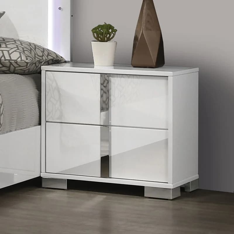 Modern White Nightstand with Chrome Legs and Handles – Minimalist Bedroom Furniture