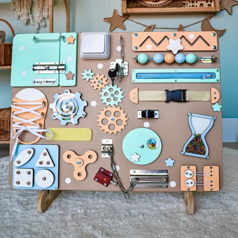 Gioco Educativo in Legno, Pannello Sensoriale da Parete in Feltro, Giocattoli Montati a Muro per Bambini