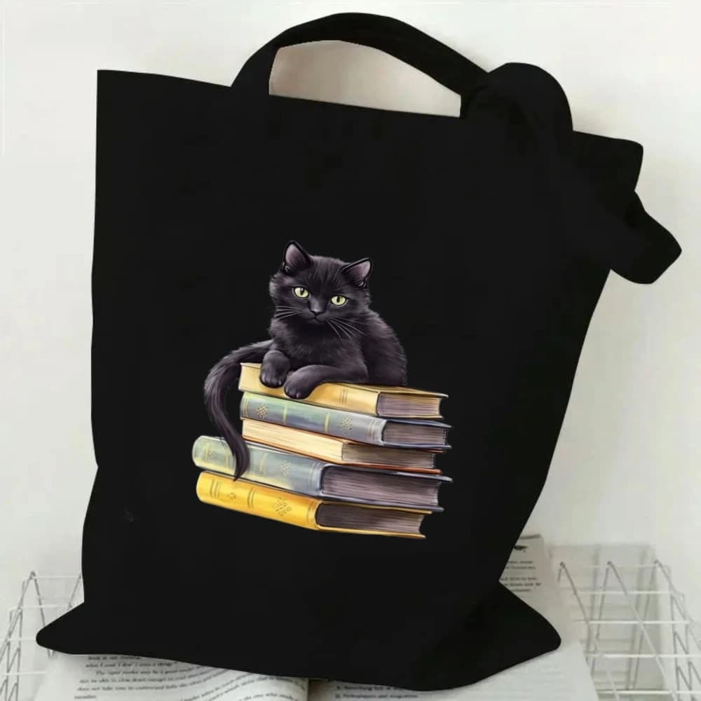 Borsa tote in tela con stampa 'Life Is Better with Wine, Cats and Books', borsa a tracolla per amanti dei libri, regalo per lettori appassionati, borsa riutilizzabile con simpatici gatti