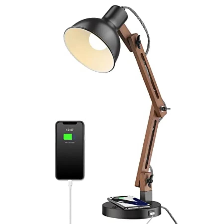 Lampada da Scrivania LED Moderna con Caricatore Wireless Aggiornato, Porta USB-C, Base in Legno di Sapele, Braccio Orientabile, Lampada da Comodino per Lettura e Lavoro