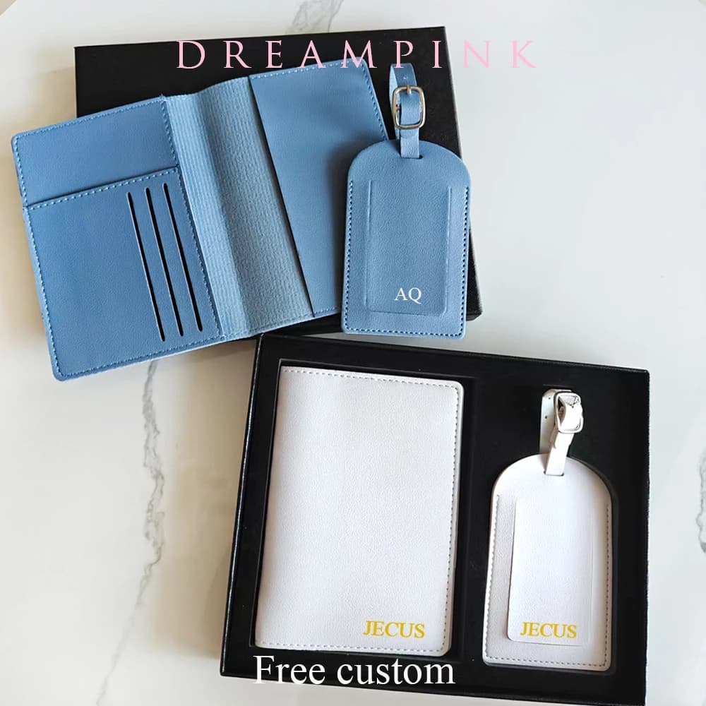 Set di etichette per valigia porta passaporto con iniziali personalizzate Set di accessori da viaggio leggeri con nome personalizzato di lusso con logo regalo con scatola