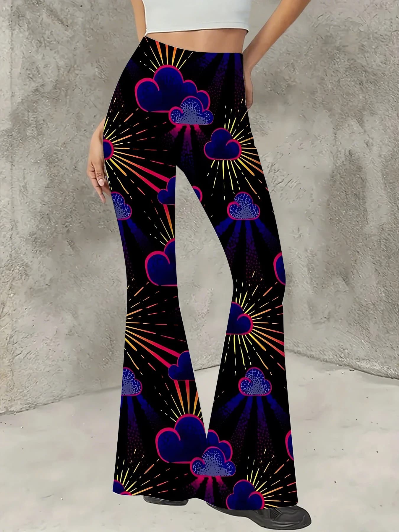 Korean Style Printed Flare Pants Women High Waist Slim Fit Bell Bottom Leggings