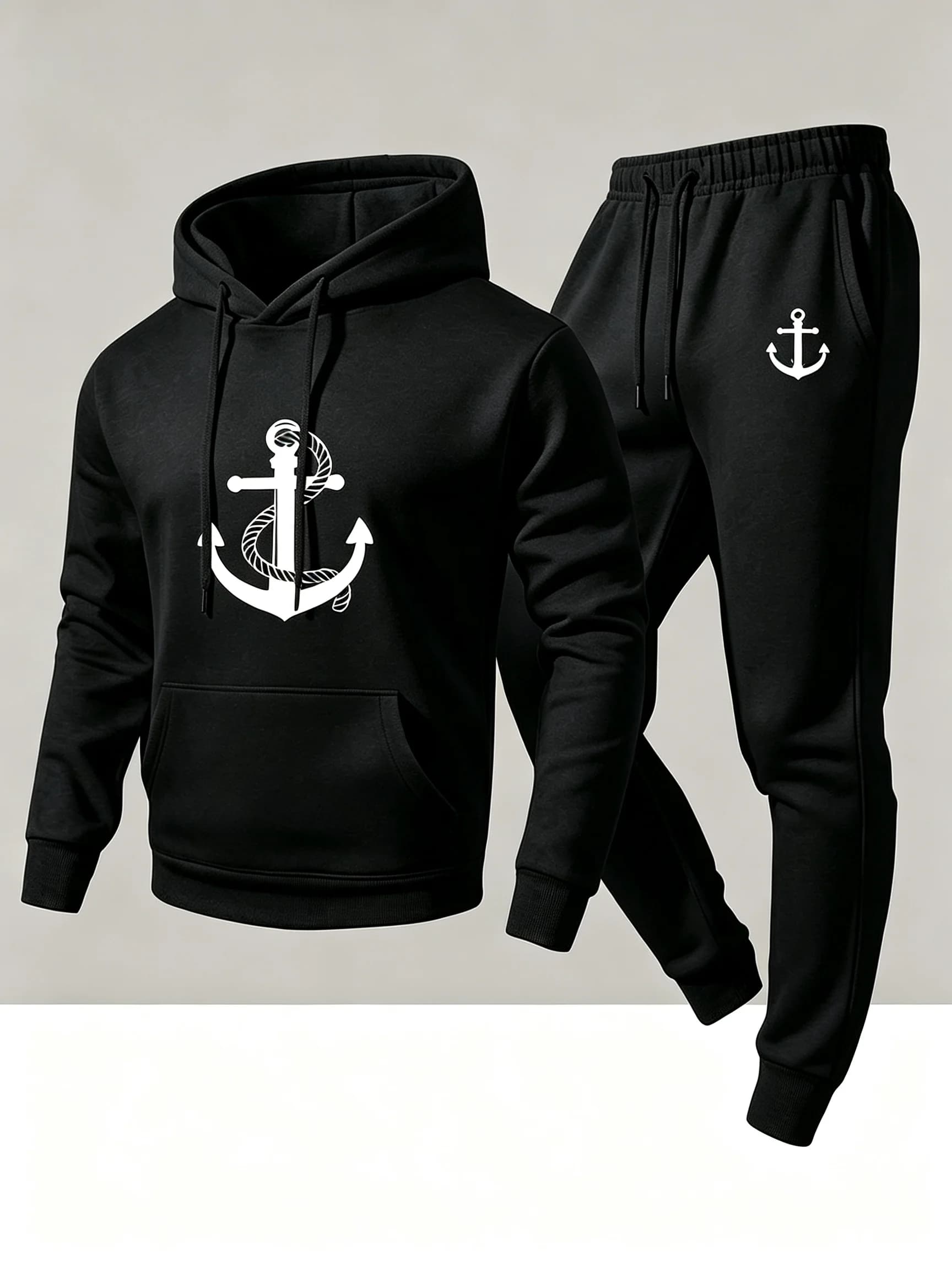 2026Men's stylish hooded boat anchor print hoodie and pants sports outfit, casual trendy navy style two-piece set
