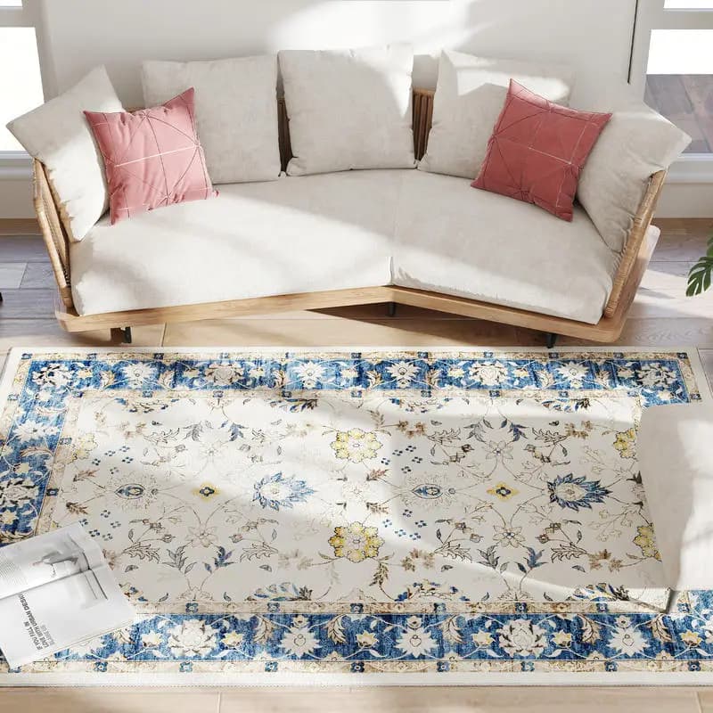 Tappeto Lavabile in Lavatrice 5x7, Antiscivolo con Stampa Floreale Boho per Soggiorno, Camera da Letto, Sala da Pranzo, Blu