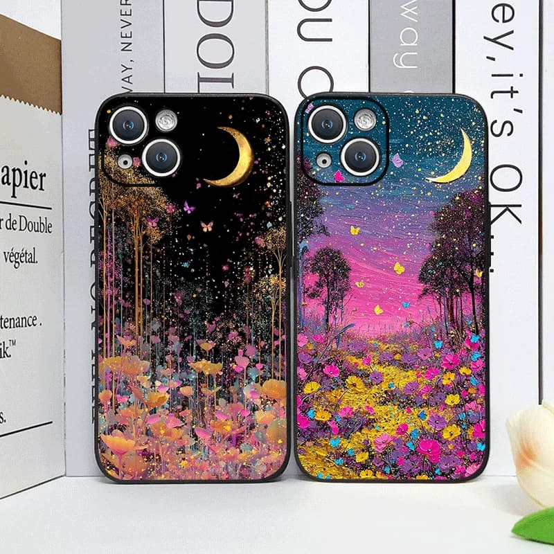 Elegante Cover Morbida Floreale con Stampa Luna, Farfalle e Fiori per iPhone 17 16 12 11 14 7 8Plus 13 14 15 Pro Max Mini XR XS