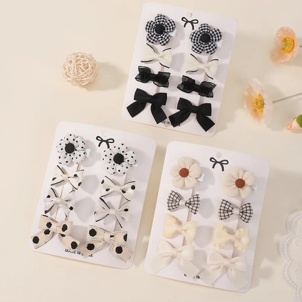 Set di fermagli per capelli con motivo a scacchiera monocromatico, decorazioni floreali dolci con motivi a pois per un'acconciatura elegante in stile francese