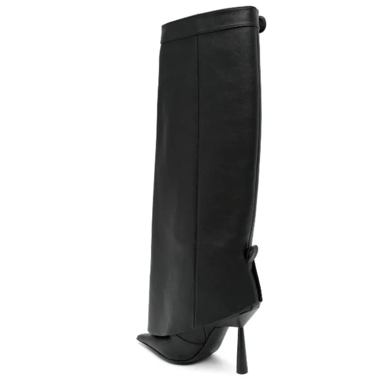 Stivali al ginocchio neri a punta stile street da donna, con tacco a spillo e design sul fondo, taglie grandi, scarpe cool per ragazze