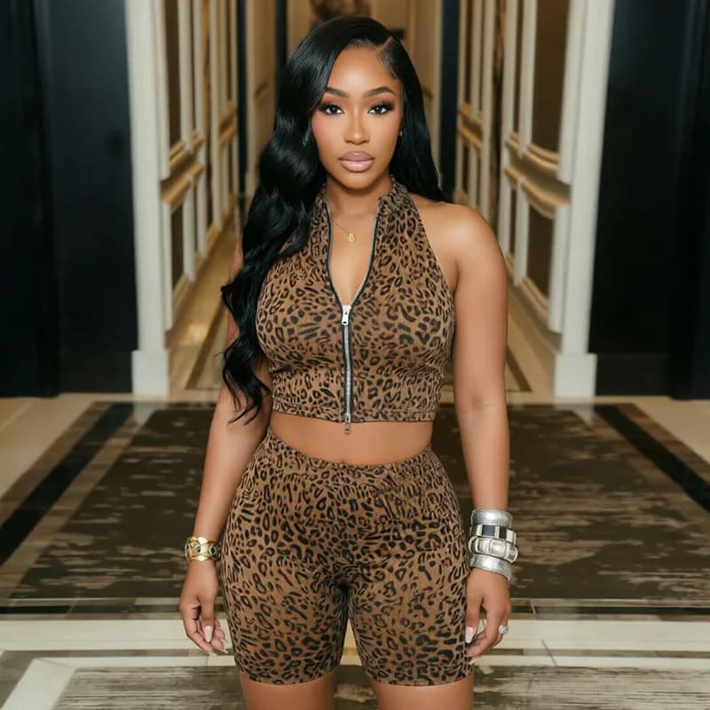Leopard Print Ribbed Slim 2 Piece Set Women Wild Sexy O Neck Sleeveless Zipper Tanks Crop Tops + Shorts Fitness Suit Tracksuits