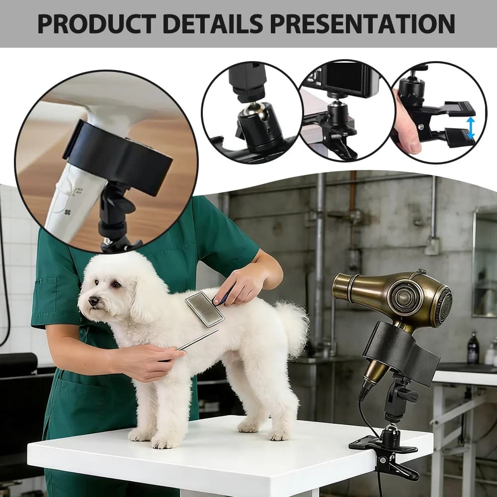 360 ° Supporto Girevole per Asciugacapelli per Animali Domestici - Supporto Regolabile in Metallo Resistente per Toelettatura con Ventosa/Morsetto Antiscivolo, Funzionamento a Mani Libere