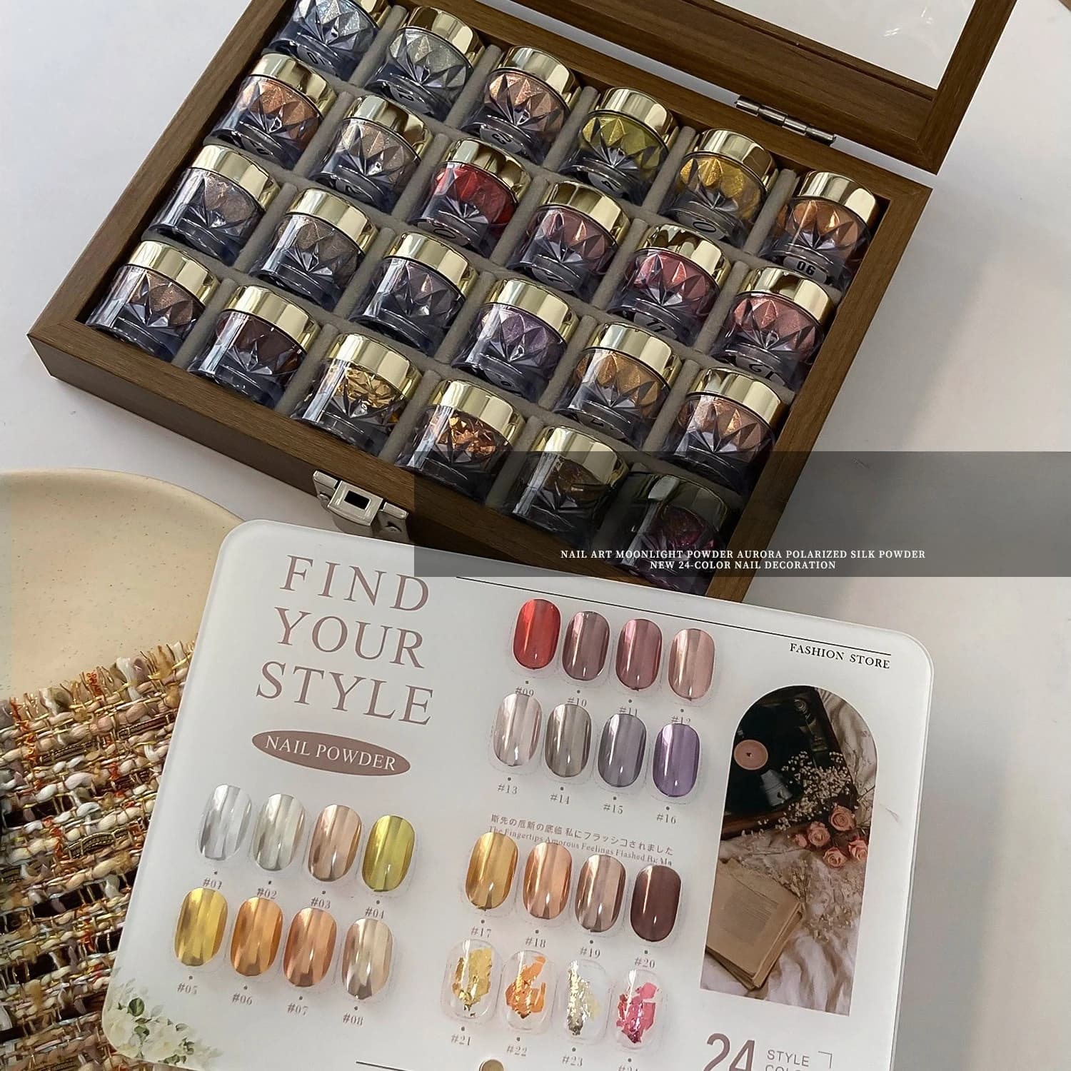 Set di 24 Polveri Effetto Specchio per Nail Art con Tabella Colori e Scatola Portaoggetti, per Nail Art Fai-da-Te con Tocchi Artistici e Charm