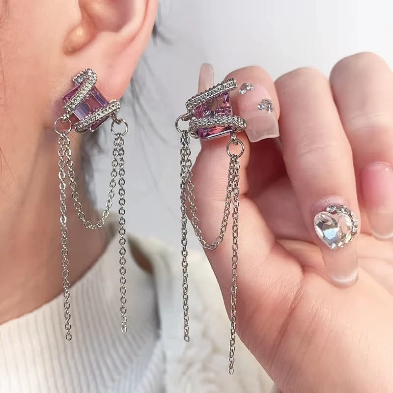 Orecchini Pendenti con Nappine, Lussuosi Orecchini a Goccia con Granato Rodolite per Donne, Accessori di Gioielleria alla Moda in Stile Coreano