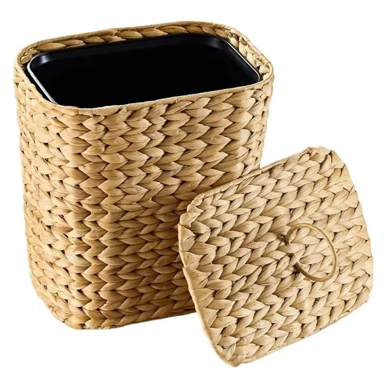 Cestino per Rifiuti in Giacinto d'Acqua ABKP con Coperchio - Stile Boho per Bagno - Cesto per Spazzatura - Design Riutilizzabile