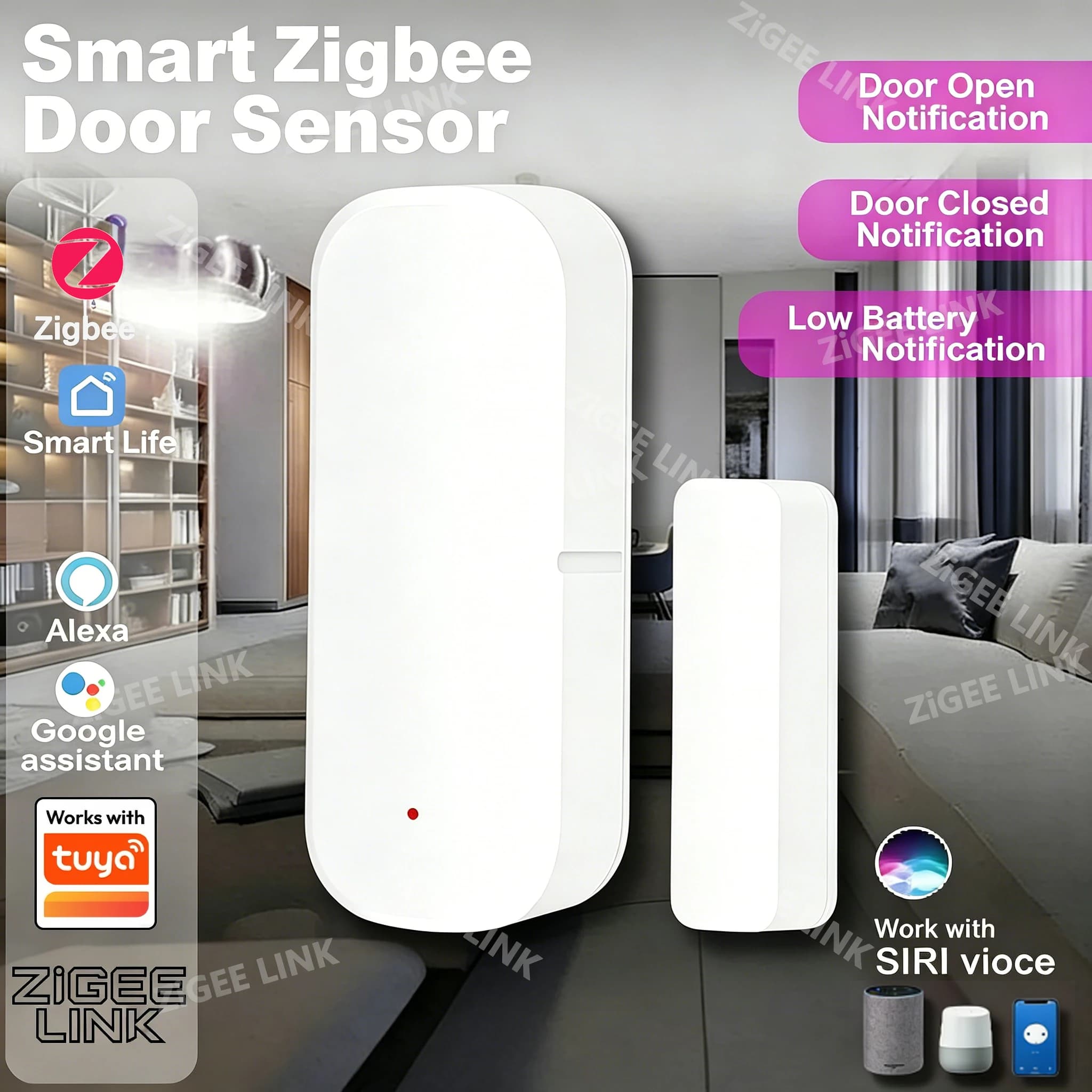 Sensore Zigbee per Porte e Finestre, Sicurezza Domestica Intelligente, Antifurto Wireless, Sensore Magnetico Compatibile con TUYA
