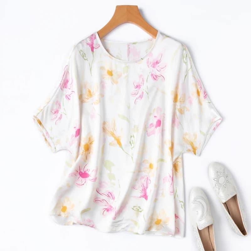 Women Silk T-shirt 100% Mulberry Silk Basic Type White Floral Printed Short Sleeve Top Pullover Blouse M1373