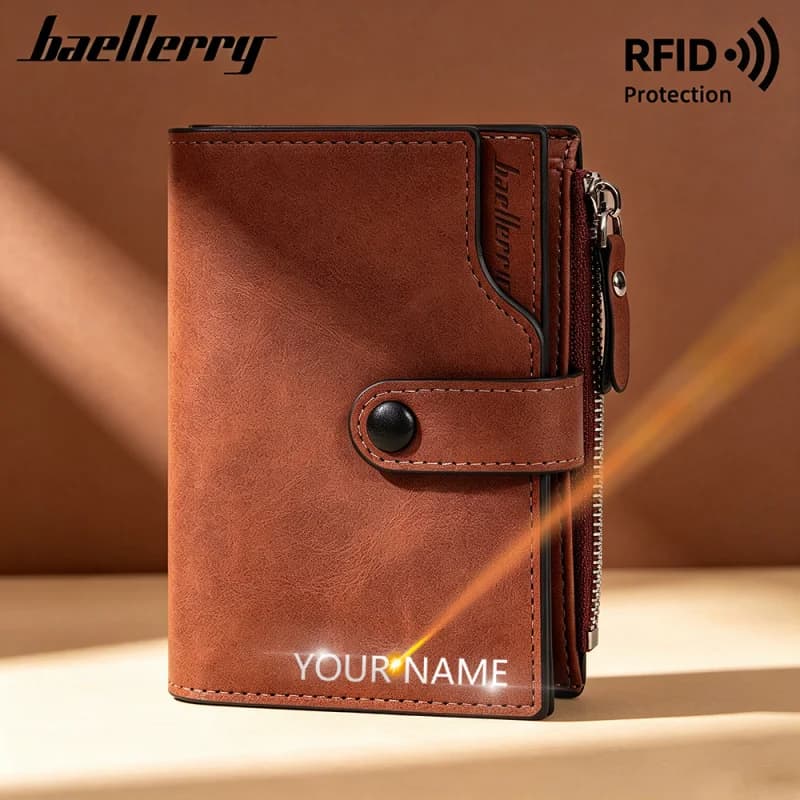 Baellerry New Large Capacity Short Men RFID Wallets Name Engraving Short Card Holders Male Purses Zipper Coin Pocket Men Wallet