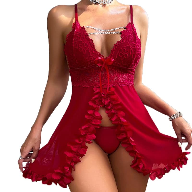Set di lingerie con finiture floreali in pizzo trasparente Orsacchiotti a V profondo Abito da babydoll e perizoma Lingerie sexy da donna Biancheria intima erotica per il sesso