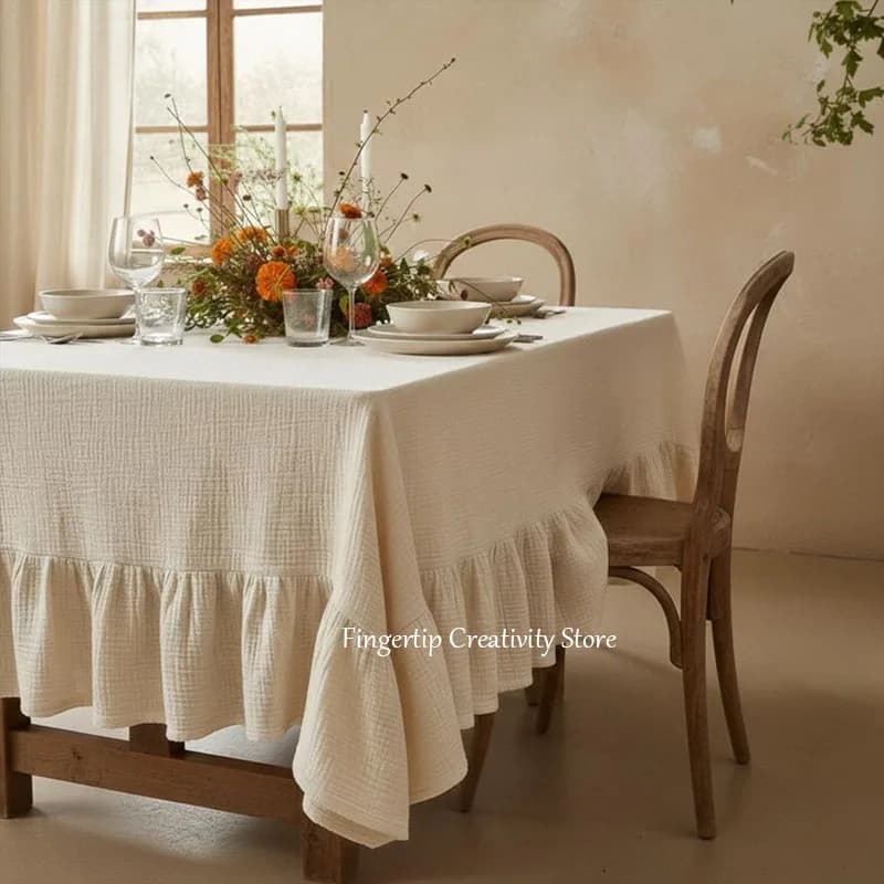 Ruffled Muslin Tablecloth,100% Cotton Double Gauze Table Cover,Farmhouse Dining Cloth,Wedding Decoration Kitchen Table Cloth