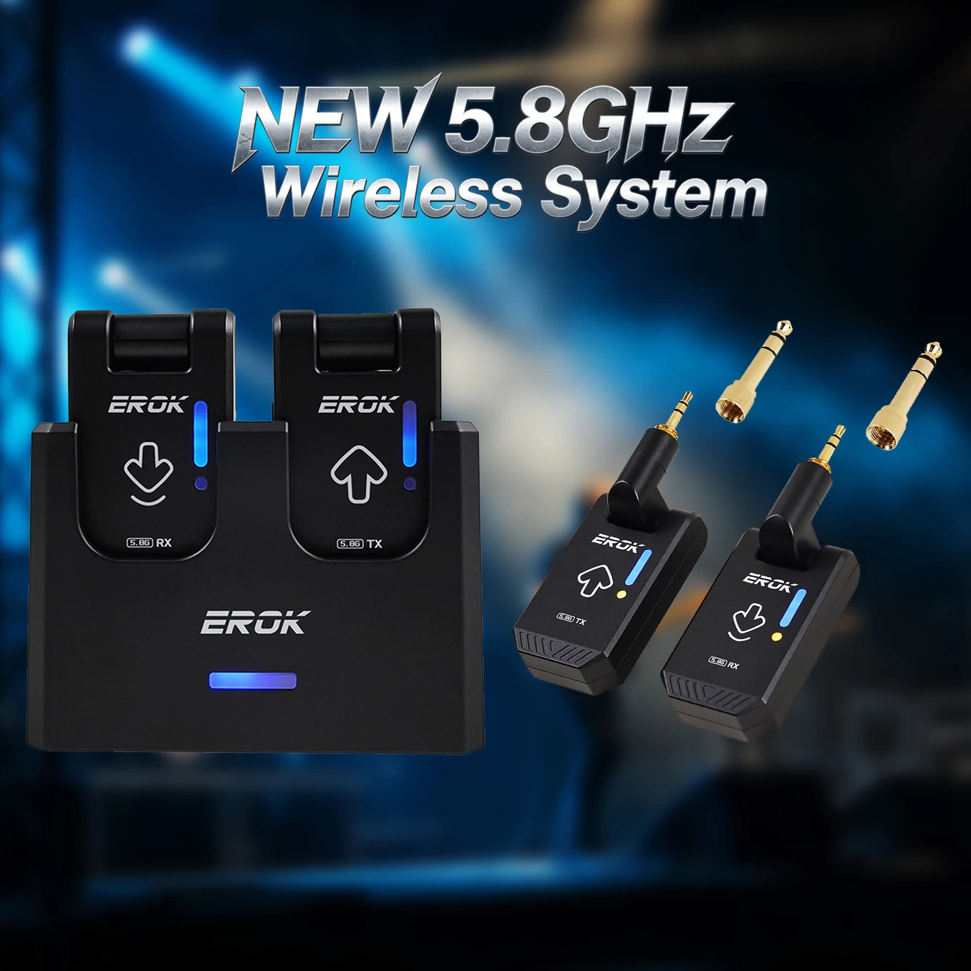 Sistema Wireless per Chitarra EROK WF-09 5.8GHz, Trasmettitore e Ricevitore Digitale Wireless con Custodia di Ricarica Portatile