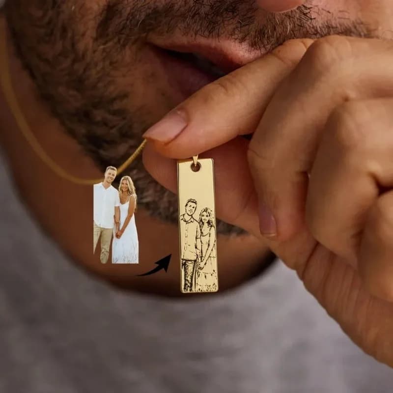 Custom Photo Bar Necklace Personalized Stainless Steel Vertical Tag Pendant Laser Engrave Picture Birthday Jewelry Gift for Man