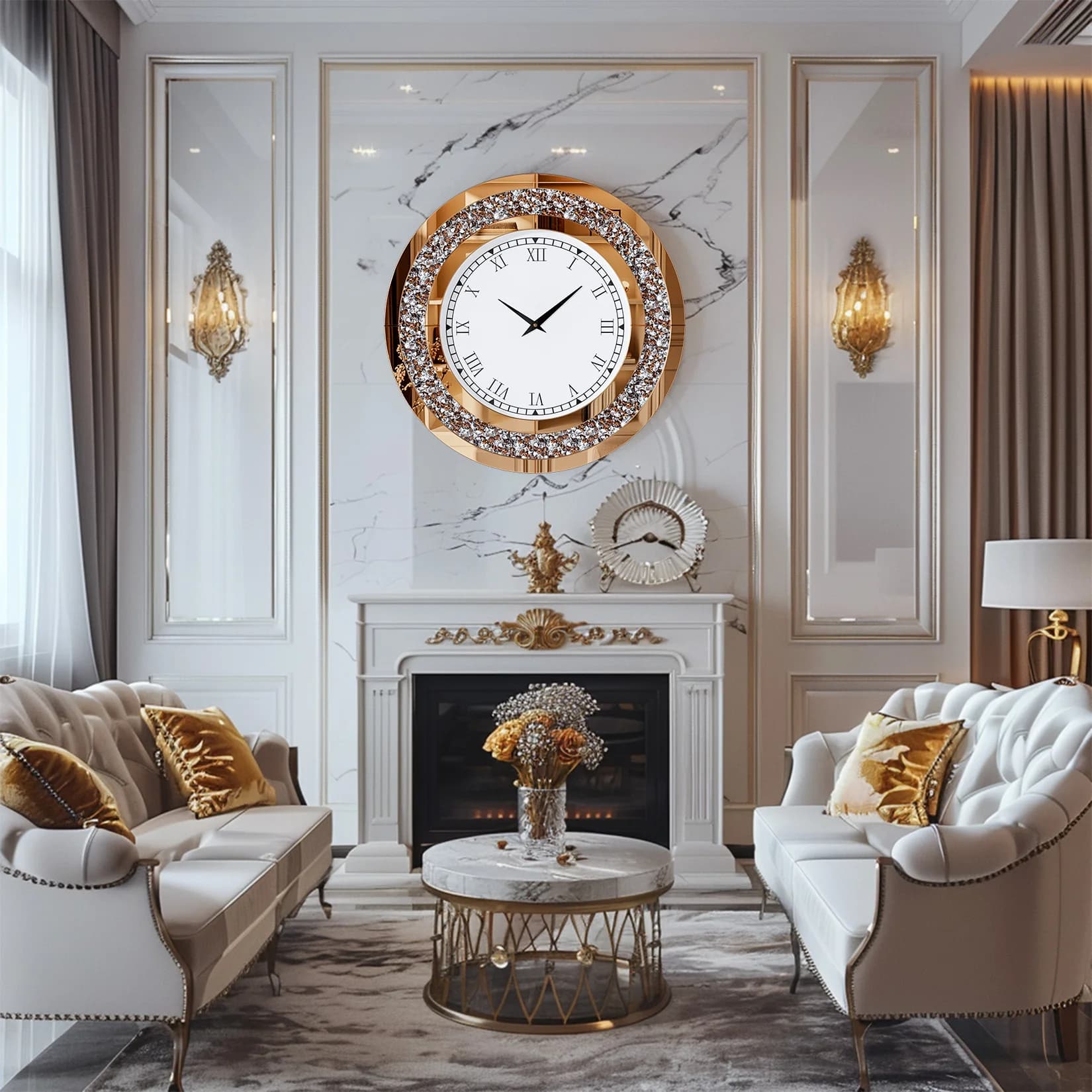 Silver, Tawny Round Mirror, 24 Inch Crystal Sparkle Twinkle Bling Crush Diamond Large Mirror Wall Clock for Living Room