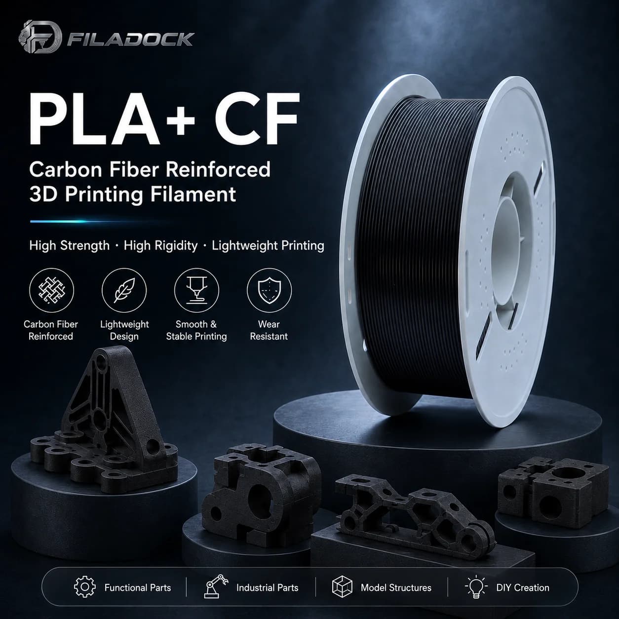 Filadock PLA-CF 15% Carbon Fiber Filament 1.75mm High Strength Matte High Speed 3D Printer Filament 1KG