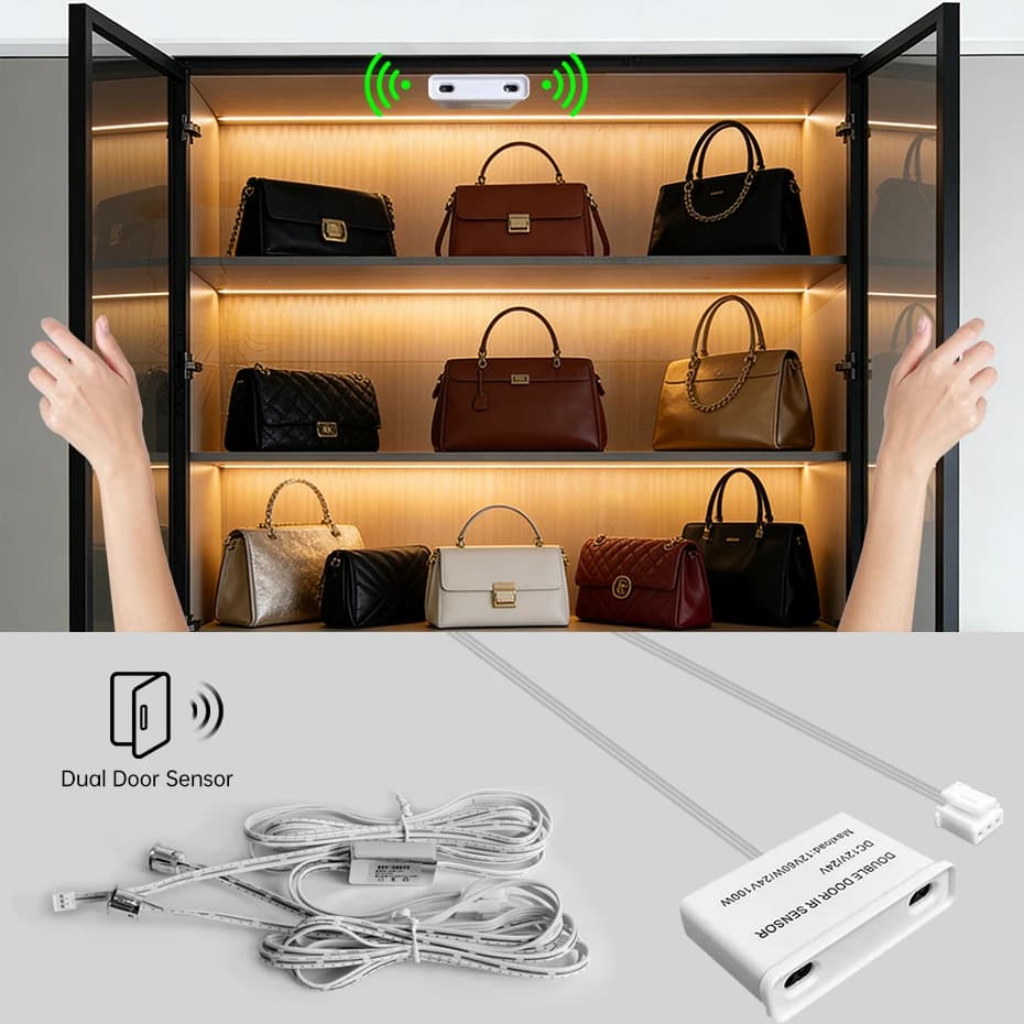 DC12V-24V Dual Door Sensor Switch Auto ON/OFF with Dupont Connector for Wardrobe Cabinet Strip Backlight Lighting Decor