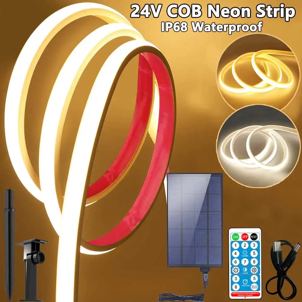 24V Solar COB LED Strip Lights Waterproof 320LEDs/M 1-5M Linear Lighting for Garden Outdoor Decoration