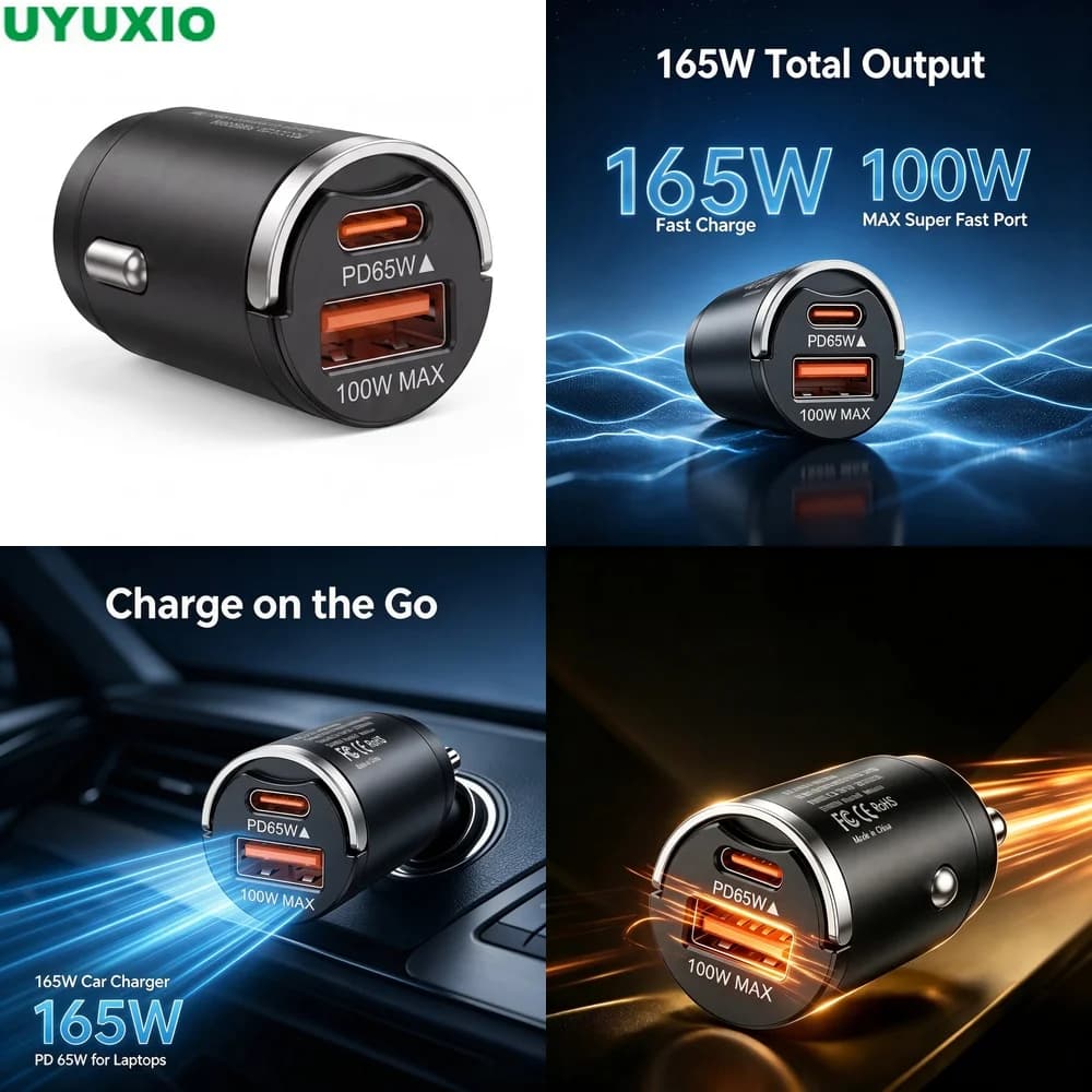 165W Rapid Charge Car Charger Metal Body with Multi Protection with 65W USB C and 100W USB A Outputs for Multiple Mobile Devices