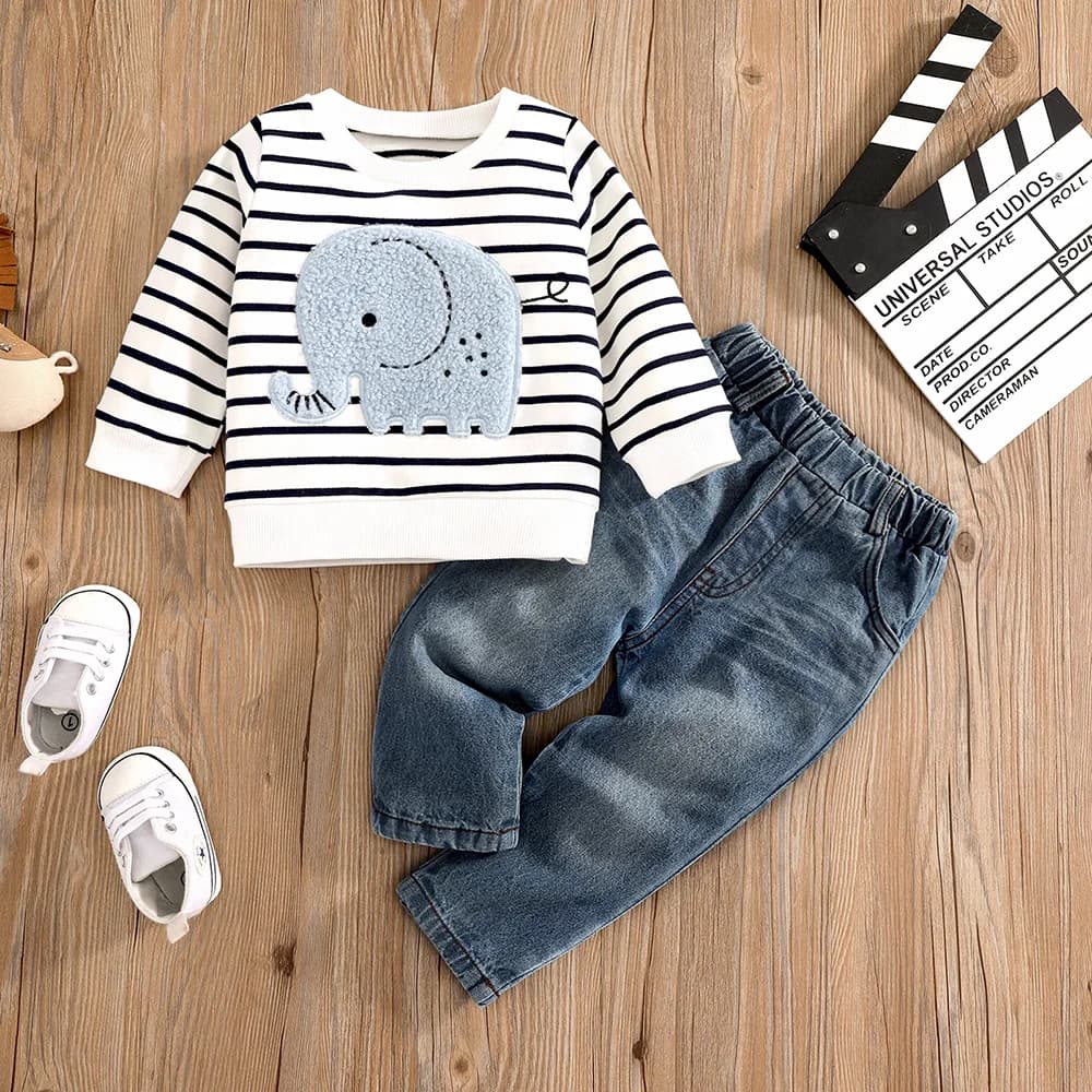 1-2 anni nuovo neonato primavera e autunno stile elefante camicia a maniche lunghe a righe pantaloni in denim abito alla moda