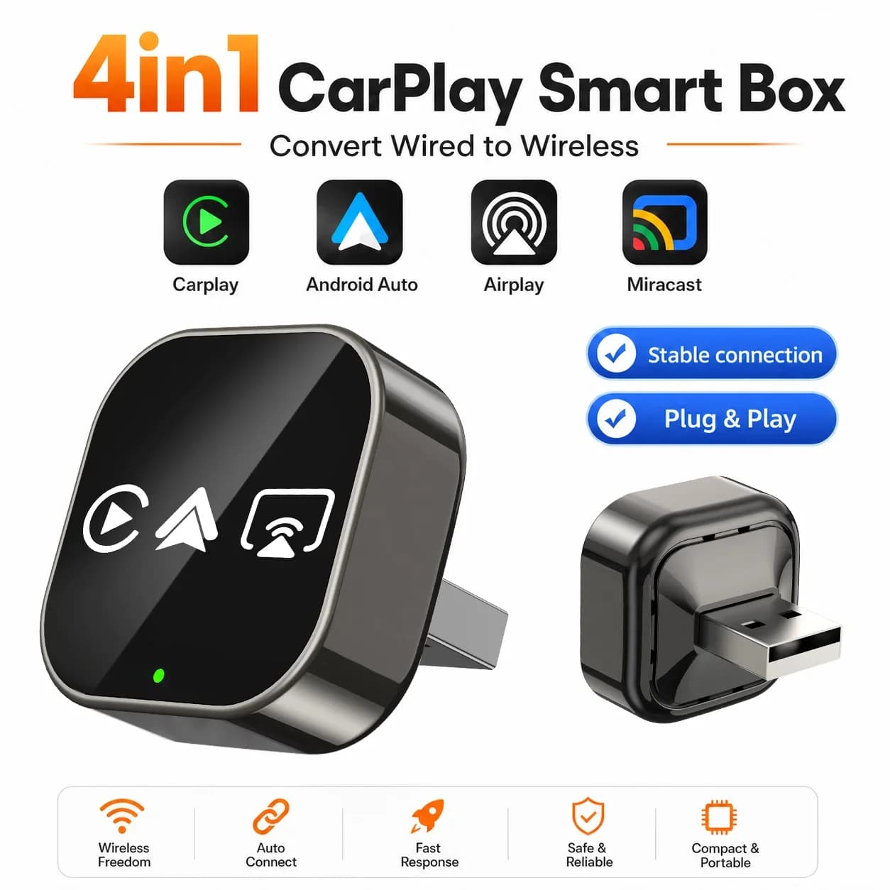 CarRocket Wireless Carplay Smart Box Android Auto Adapter Mirror Link Airplay Plug&Play Connect Universal WiFi 6 Bluetooth 5.0