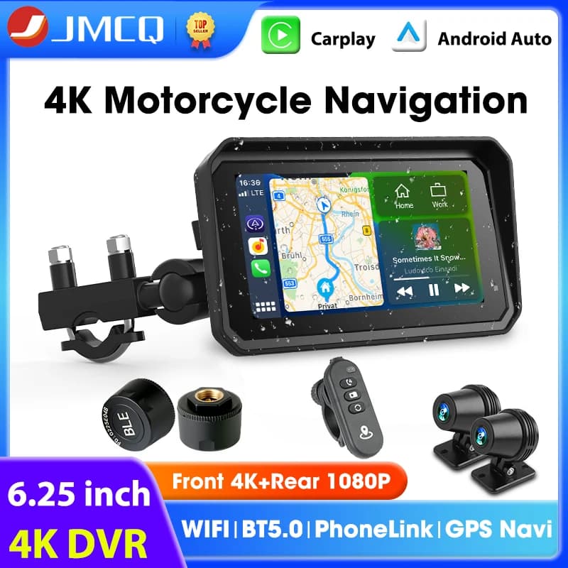 GPS Navigation for 6.25 inch Wireless Carplay Android Auto IPX7 Waterproof Dual BT Moto Dash Cam Support 4K + 1080P TPMS