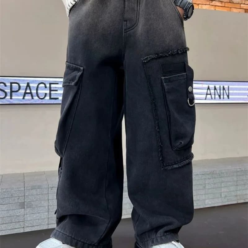 Straight leg cargo jeans with heavy fleece lining for boys 8-14 years 2025 thick jeans pants autumn winter