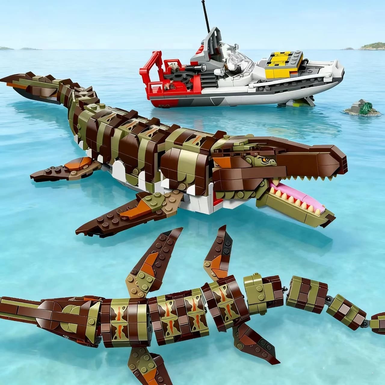 World Park Serie di dinosauri Blocchi di costruzione Mare Mosasaurus Attacco per barche Bambini Assemblaggio di giocattoli