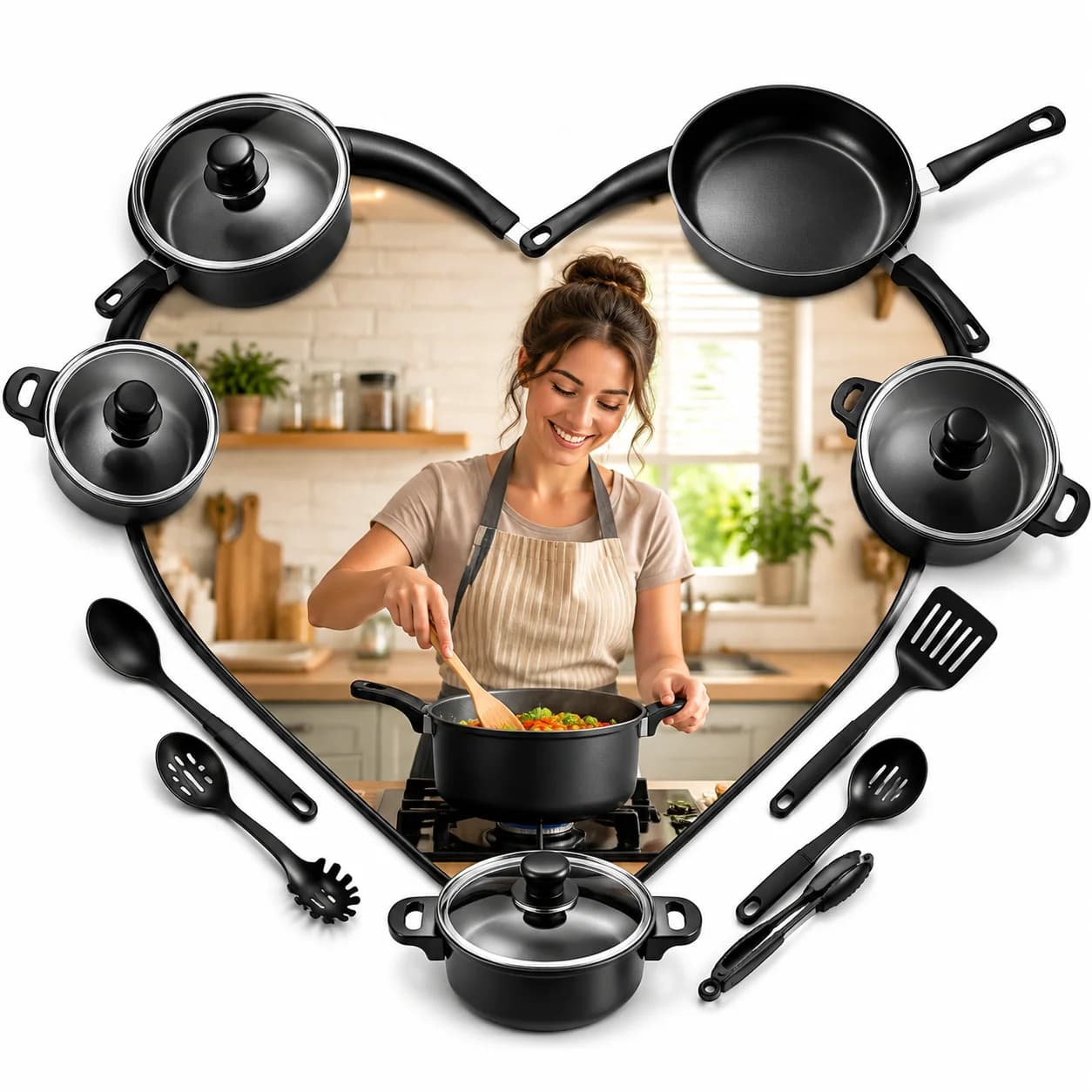 Multi‑size Non‑stick Pots And Pans Set Household Kitchen Cookware Kit With Saucepan Frying Pan Transparent Lid Silicone Cooking Utensils For Daily Cooking