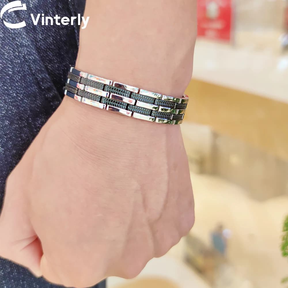 Vinterly Bracciale a maglie a catena da uomo Braccialetti magnetici in germanio di energia sanitaria in acciaio inossidabile nero di grano Braccialetti per gioielli da uomo